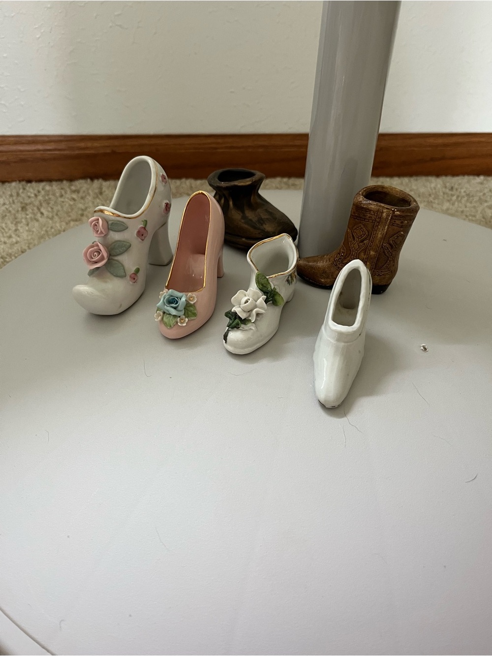 Decorative Ceramic Pink and White Floral Shoe Figurines - Set of 6